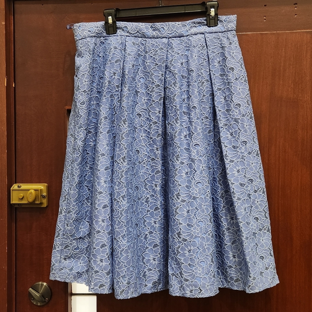 Vintage Y2k Sky Blue Lace Pleated Midi Skirt Prairie Cottagecore